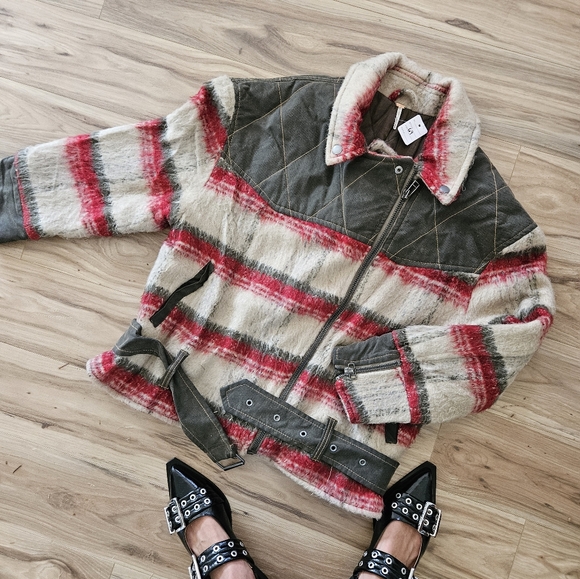 Free People Moto Jacket Fuzzy Stripe Oversize Mont - Picture 6 of 9